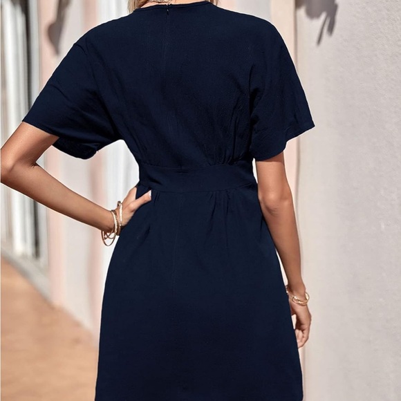 Deep V Neck Sundress with Sleeves | Buttons Down Front, A-Line Mini Dress | Navy - Picture 6 of 8